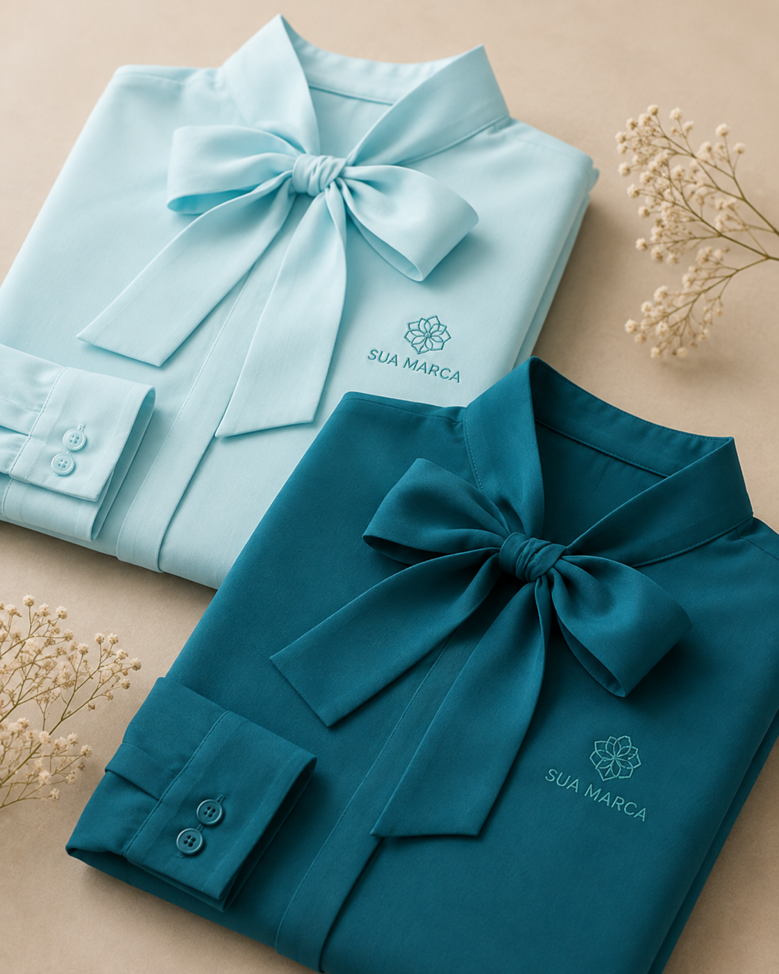 Blusas femininas azul claro e verde com laço