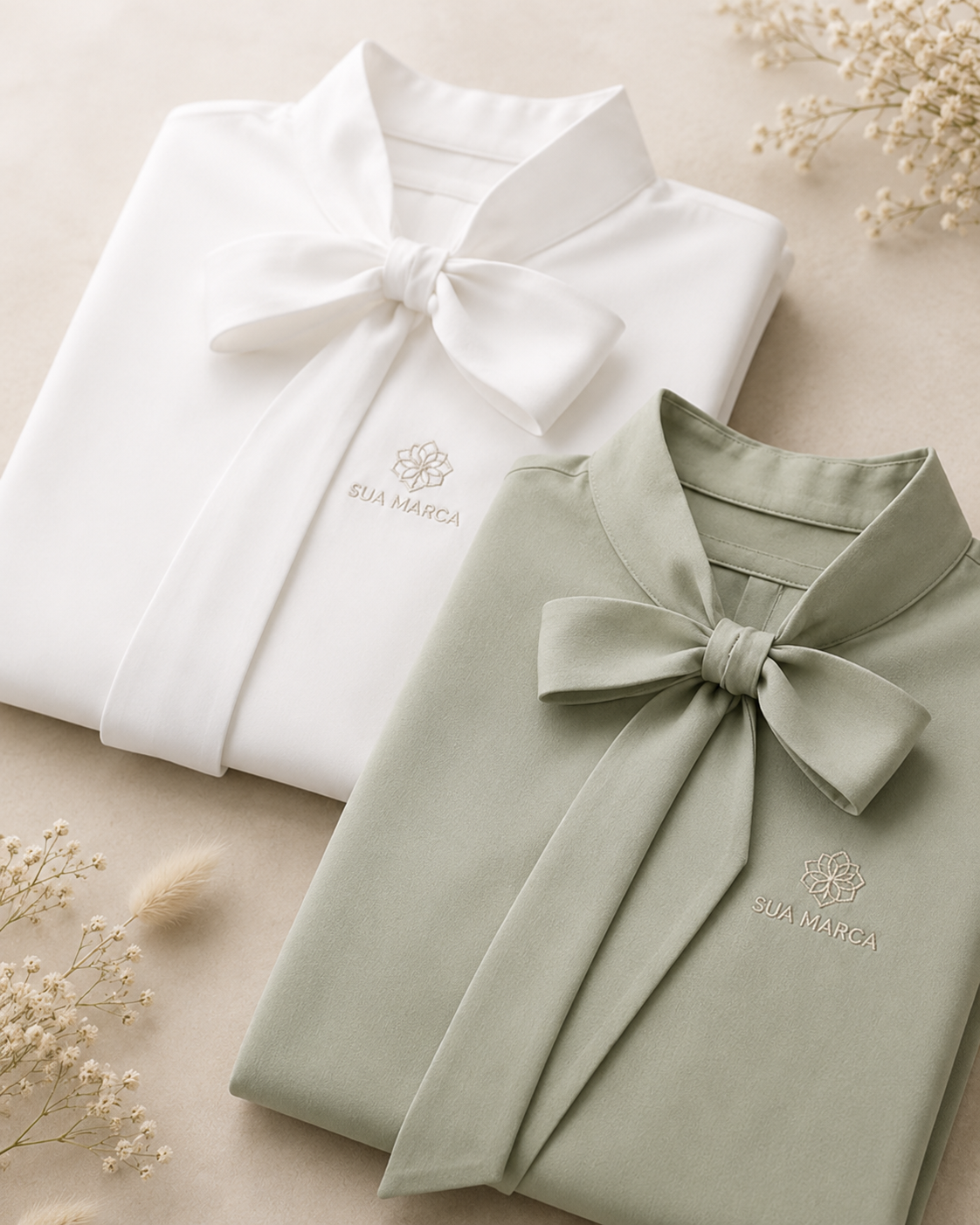 Blusas femininas branca e verde com laço