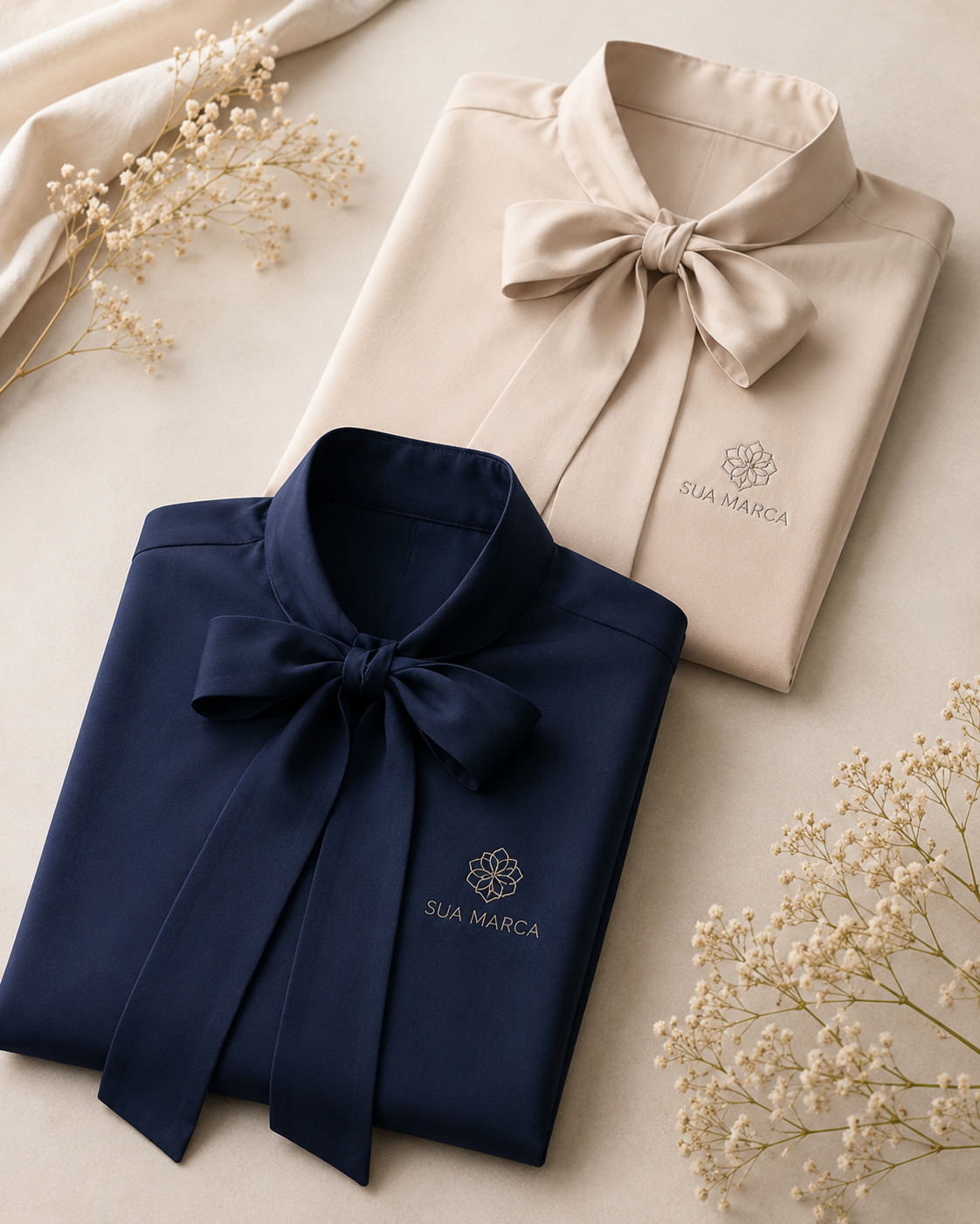 Blusas femininas bege e azul marinho com laço