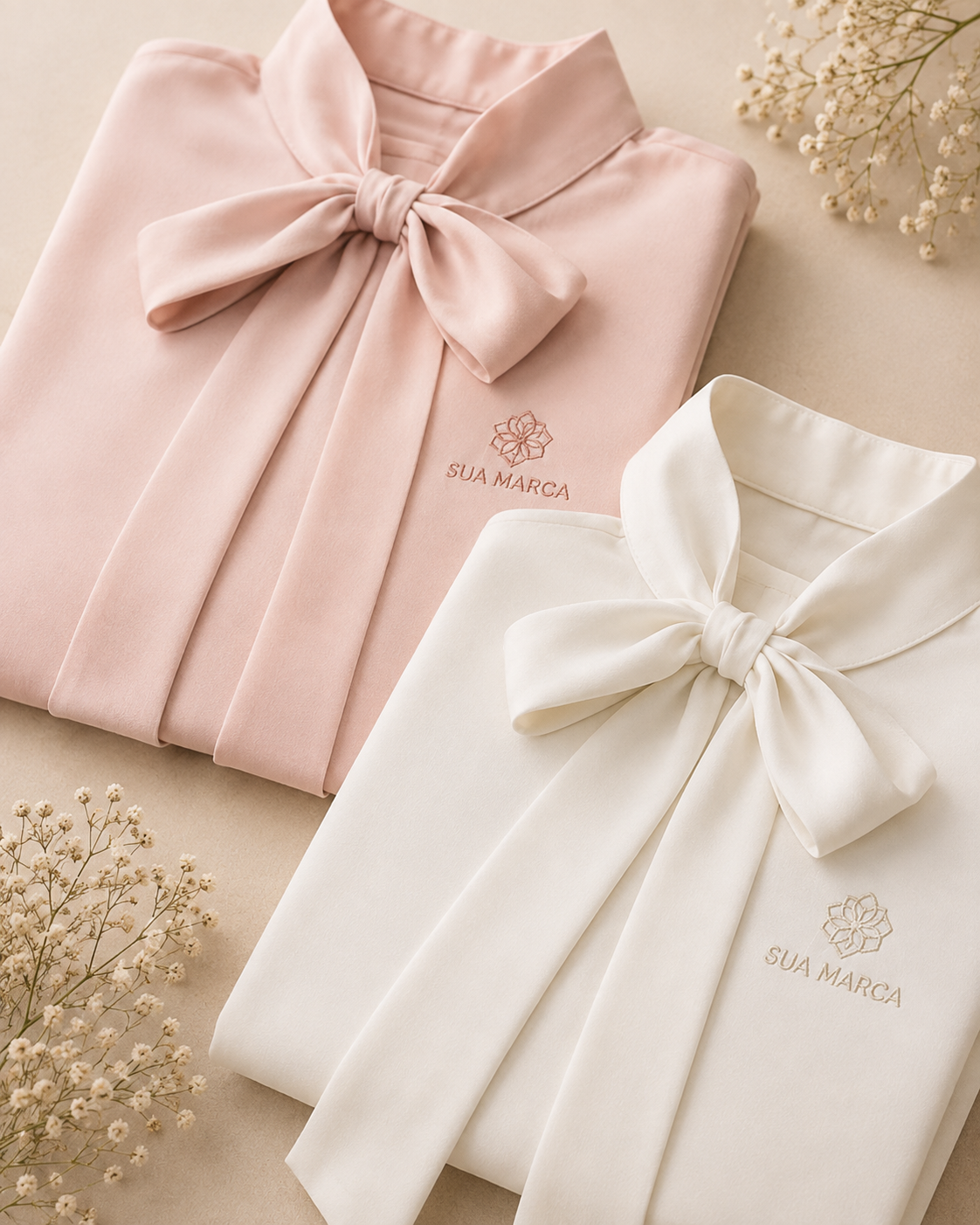 Blusas femininas rosa e branca com laço