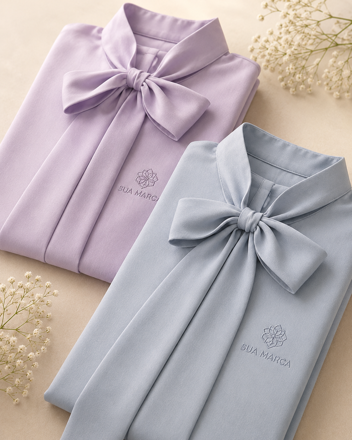 Blusas femininas lilas e azul claro com laço